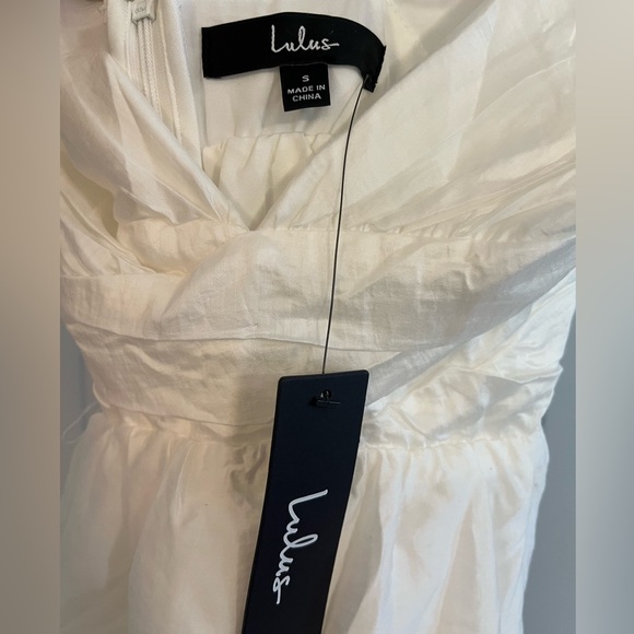 NWT Lulus Plunge Midi Dress, spaghetti strap w/ruffle, lace-up back, Tencel, Wht - Picture 6 of 15